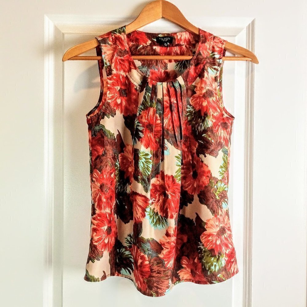 Talbots Orange Floral Silk Pleat Front Sleeveless Top